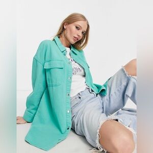 NWOT- ONLY DENIM oversized pocket detail denim shirt in turquoise